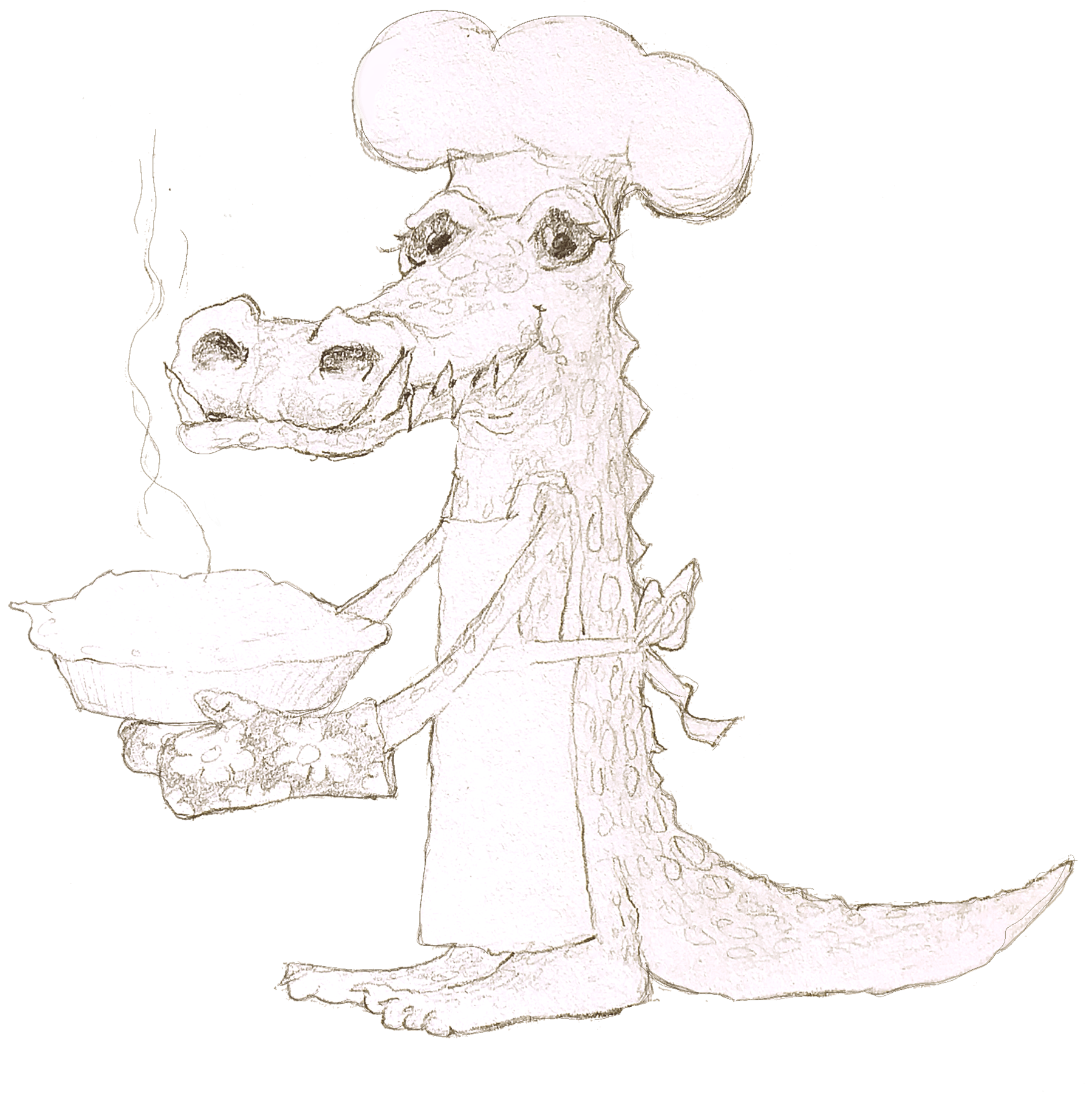 A pencil sketch of an alligator chef carrying a pie